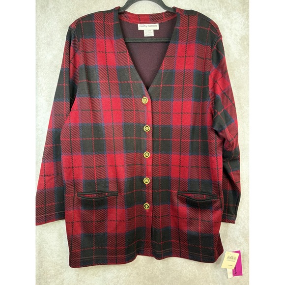 Cathy Daniels Sweaters - NWT VTG 80s Cathy Daniels Cardigan Womens L Red Black‎ Plaid Button Front V-Neck